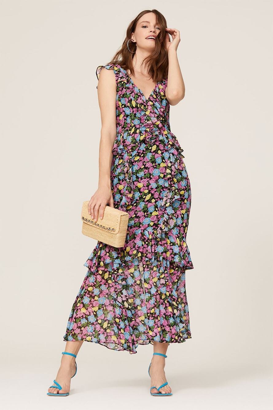 AMUR Evita Maxi Black Anemone Floral Long Maxi Dress 100% Silk Gown Size 12
